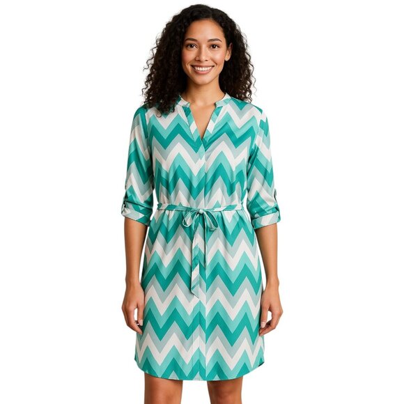 Tacera Dress Chevron Green Gray Tab Sleeve V Neck Women's WOMAN'S SIZE Medium - Picture 1 of 12
